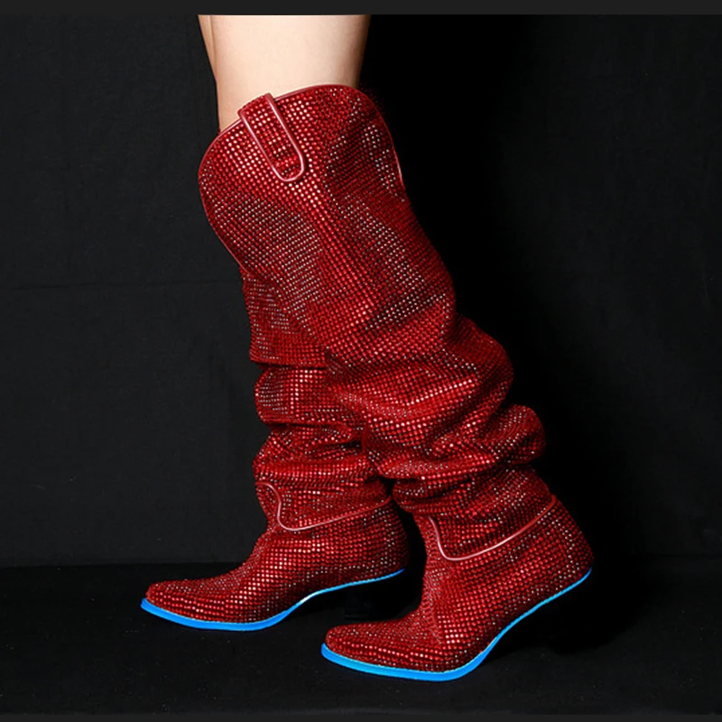 

Red Color Woman Boots Glitter Crystal Embellished Mid-Calf Boots Med Heel Short Booties Brand Super Star Runway Shoes Chic Boots