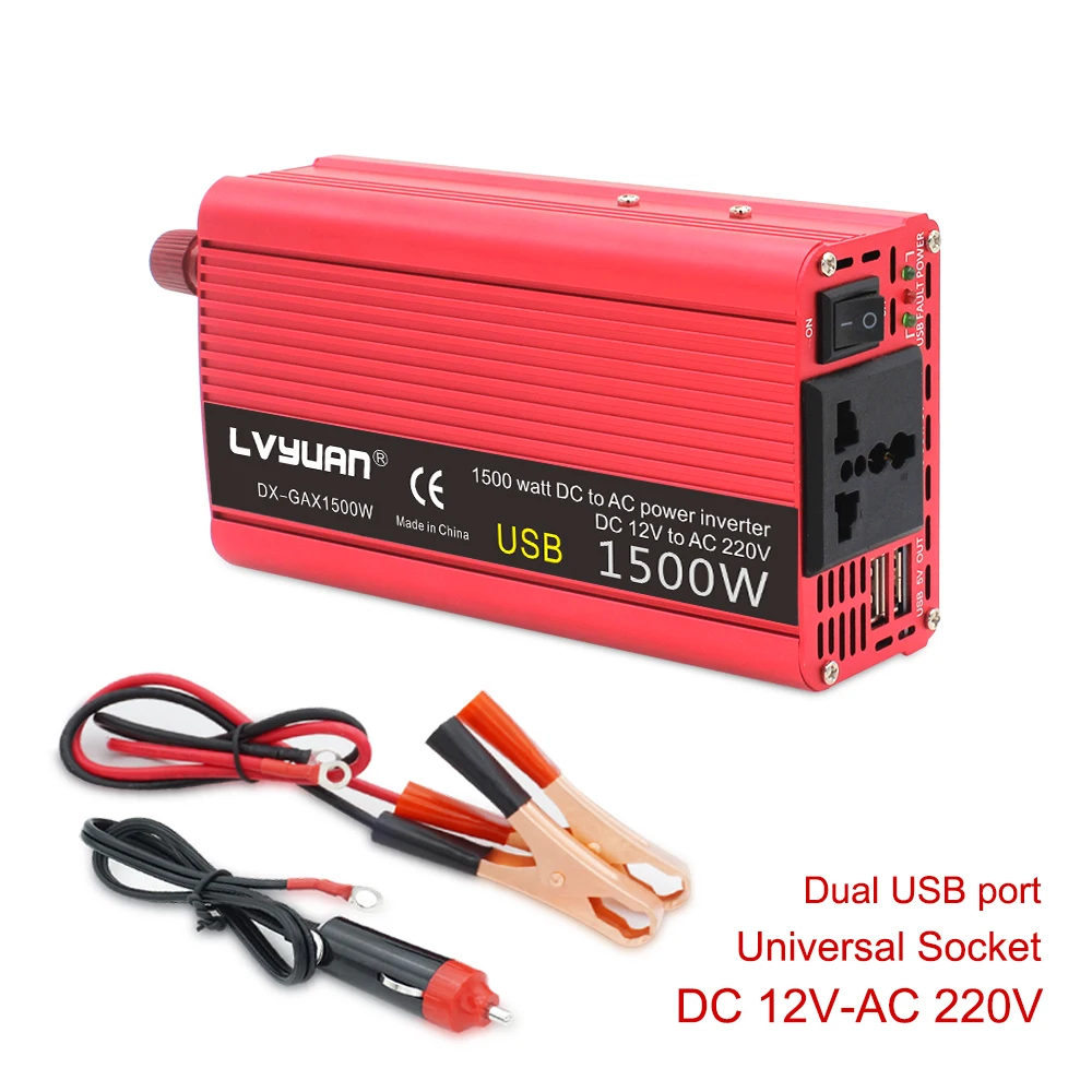 

Dual USB 1500W 1500 Watt Portable Car Power Inverter Charger Converter Adapter DC 12V/24V to AC 110V/220V Modified Sine Wave