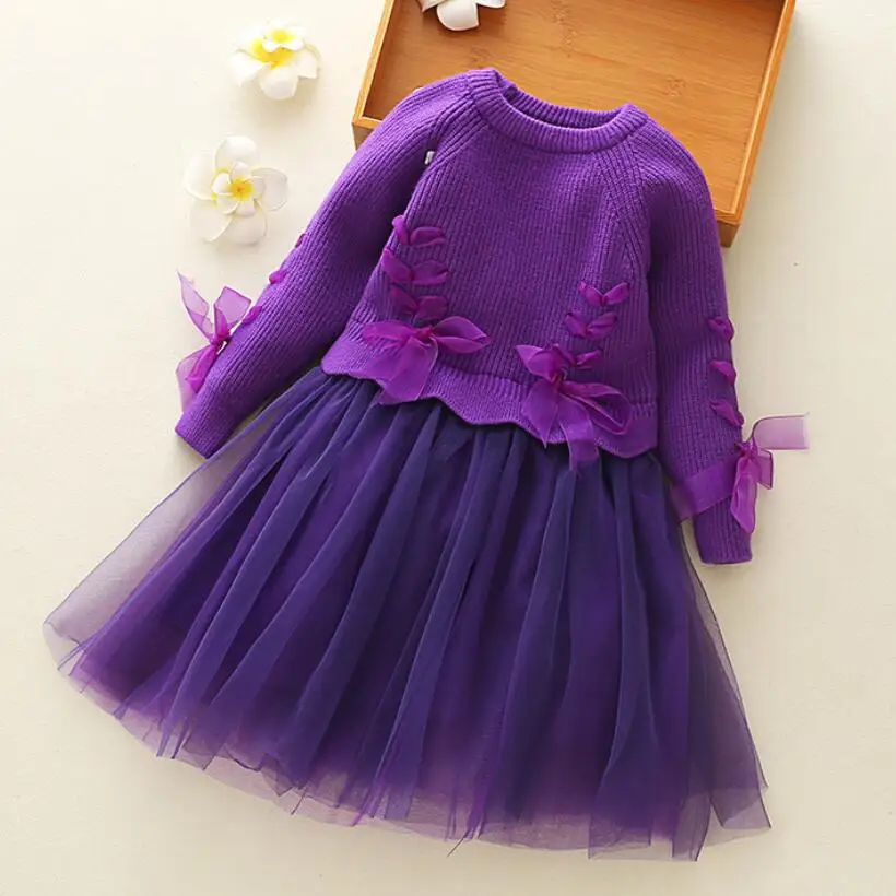 Осень-зима весна лента с бантом платье принцессы для девочек; свитер; вязанные свитеры с длинными рукавами с рисунком Детские платья для детей платье для малышей, девочек одежда JW4200 - Цвет: purple kids dresses