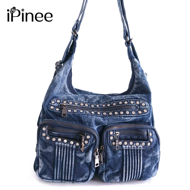 Bolsas de Ombro Ipinee Moda Denim Jean Bolsas Feminino Vários Bolsos Diamante Femininas