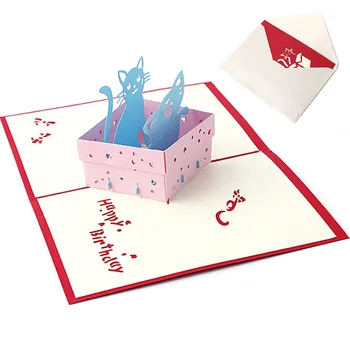 

3D Pop UP Holiday Greeting Card Cat Box Animal Christmas Thanksgiving Birthday Gift Drop Ship