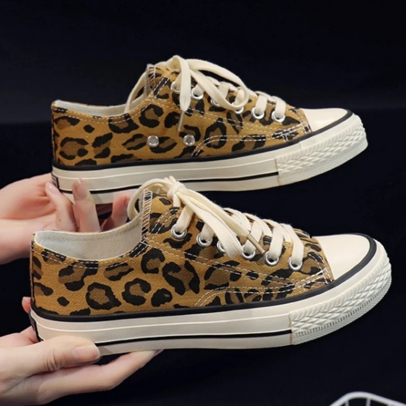 SJJH Women Canvas Leopard Sneakers High Low Top Comfortable Shoes Vulcanize Flats Casual Chaussure Lace-up Ladies Footwear D004