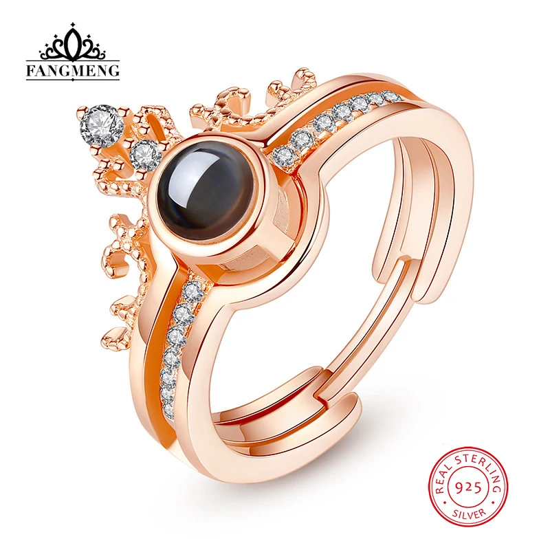 

fangmeng New Arrival 100 Languages I Love You Rings Crown Couple Rings Fashion Opening Engagement Wedding Ring Set For Women