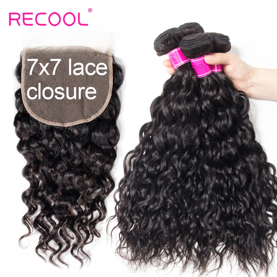 

Recool Water Wave Bundles With Closure Brazilian Human Hair Weave 3 Bundles With 7x7 Lace Closure Natural Remy Hair Extensions
