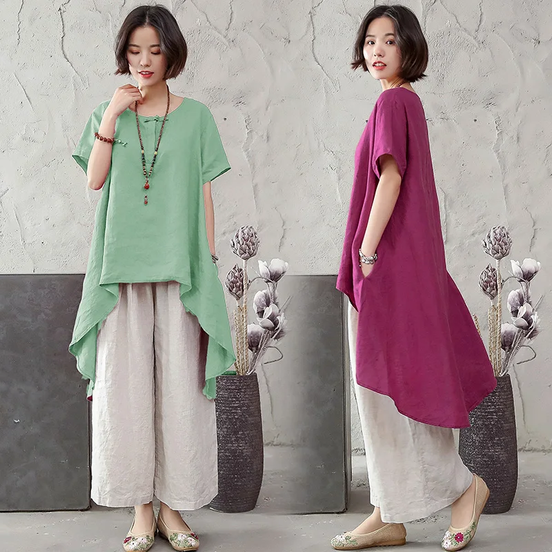 

New Summer Cotton Linen Suits Women's Two Pieces Wide Leg Pants With Linen Baggy Slacks