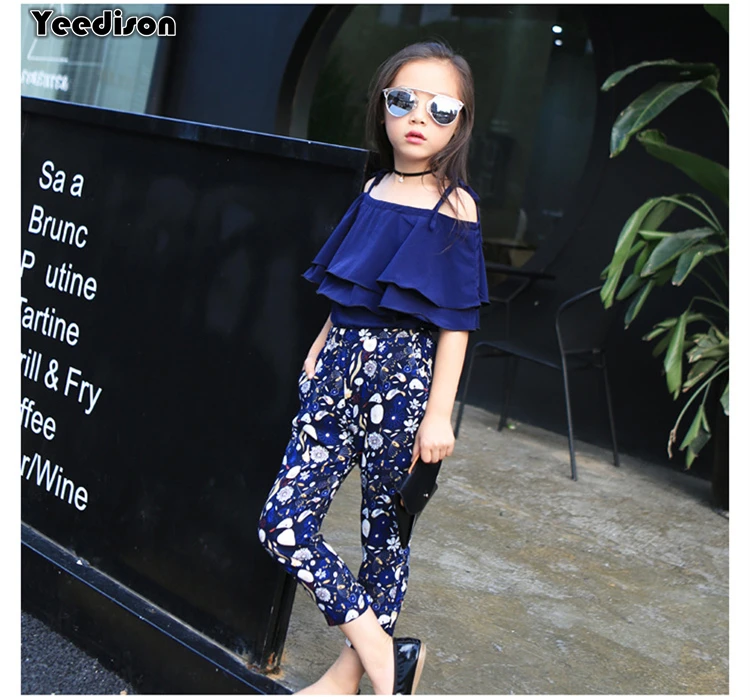 Yeedison Fashion Girls Clothing Set Summer Children Off Shoulder Tops Floral Pants 2Pcs Suit Cotton Kids Outfit Girl Clothes Set (1)