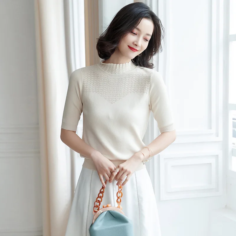 

Women's Summer Sweater Thin Section Mid-sleeve Half-high Collar Loose Slim Slim Solid Color Bottoming Shirt Women's Shirt 0905