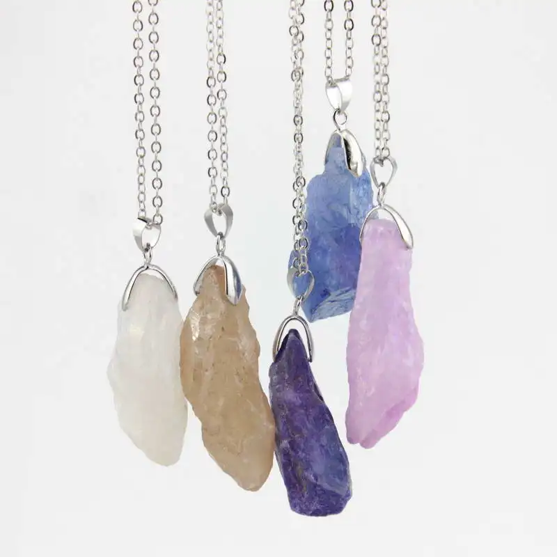 

2018 Fashion Silver Chain Crystal Original Drusy Natural Stone Pendant Necklace Women Jewelry Long Selenite Druzy Necklace