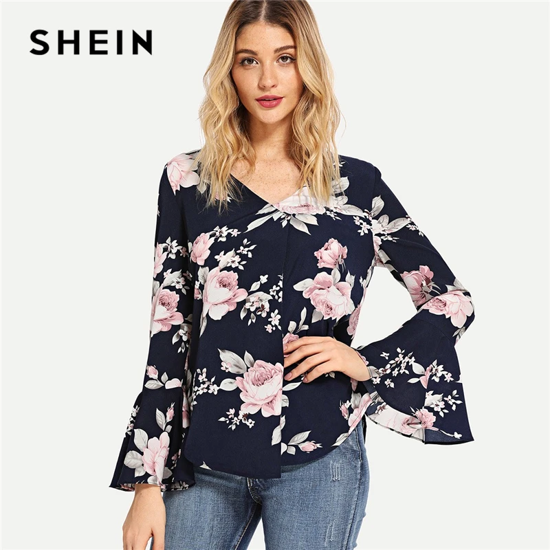 Buy SHEIN Navy Floral Print Bell Sleeve Blouse Casual