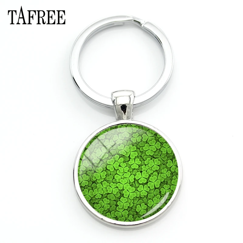 TAFREE Lucky Clover Round Shape Key Chain Four-leaf Keyring Classic Design Handmade Glass Ornaments For Decoration QF315 | Украшения и