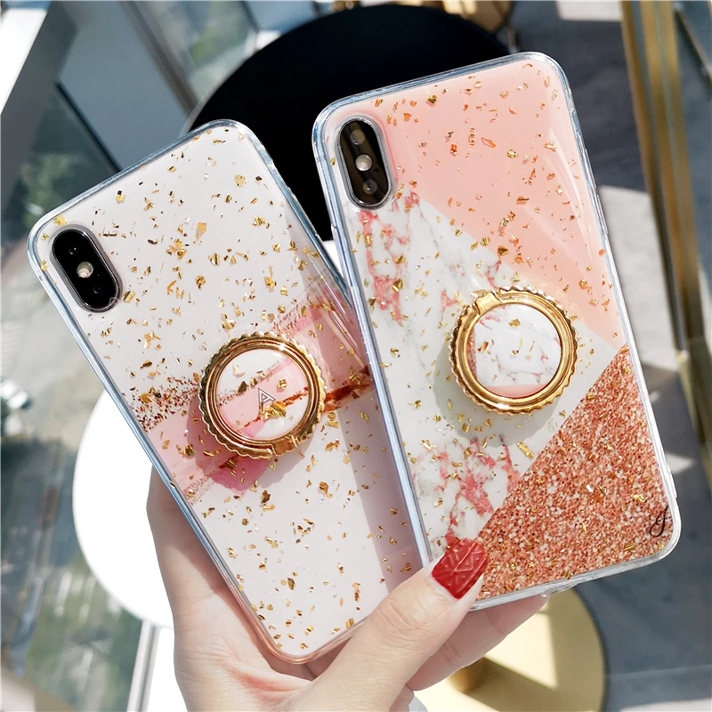 

HERONSWING Gold Foil Marble Bling Phone Case For iPhone X Case 6s 7 8 Plus XS MAX XR pink Luxury marble epoxy Beauty Soft Cover