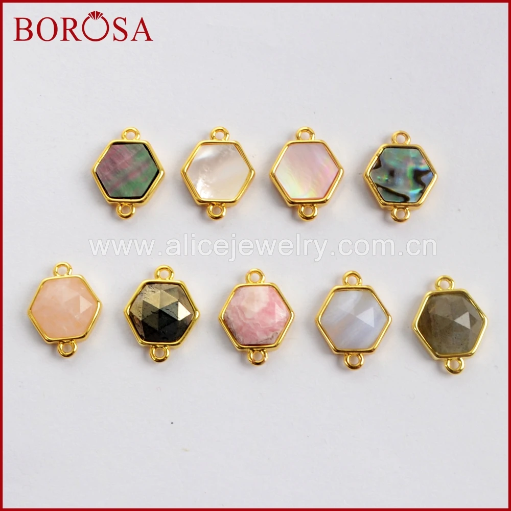 

BOROSA 10PCS Small Hexagon Multi-kind Faceted Stones Druzy Connectors Gold Bezel Natural Labradorite Double Charms Jewelry WX993