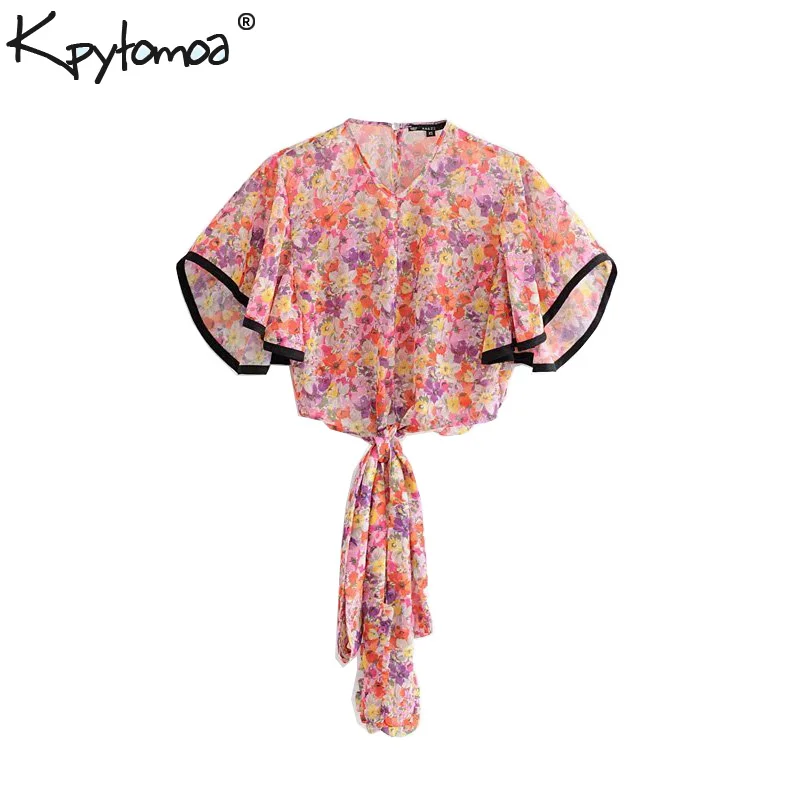 

Vintage Chic Floral Print Short Style Chiffon Tops Women Blouses 2019 Fashion V Neck Bow Tie Ladies Shirts Casual Blusas Mujer