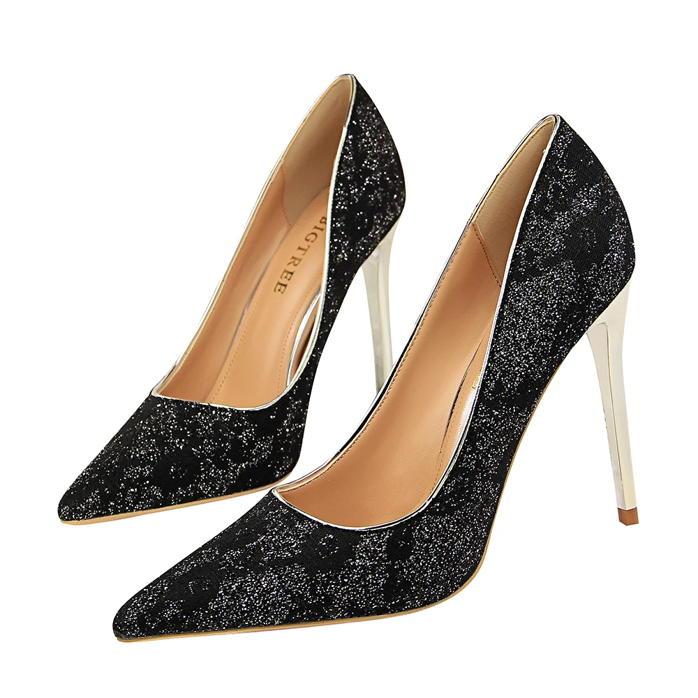 Bigtree Для женщин Летние Элегантные туфли-лодочки Свадебная вечеринка обувь с блестками на высоком каблуке шпильке Женственная Дамская обувь уличная модная обувь