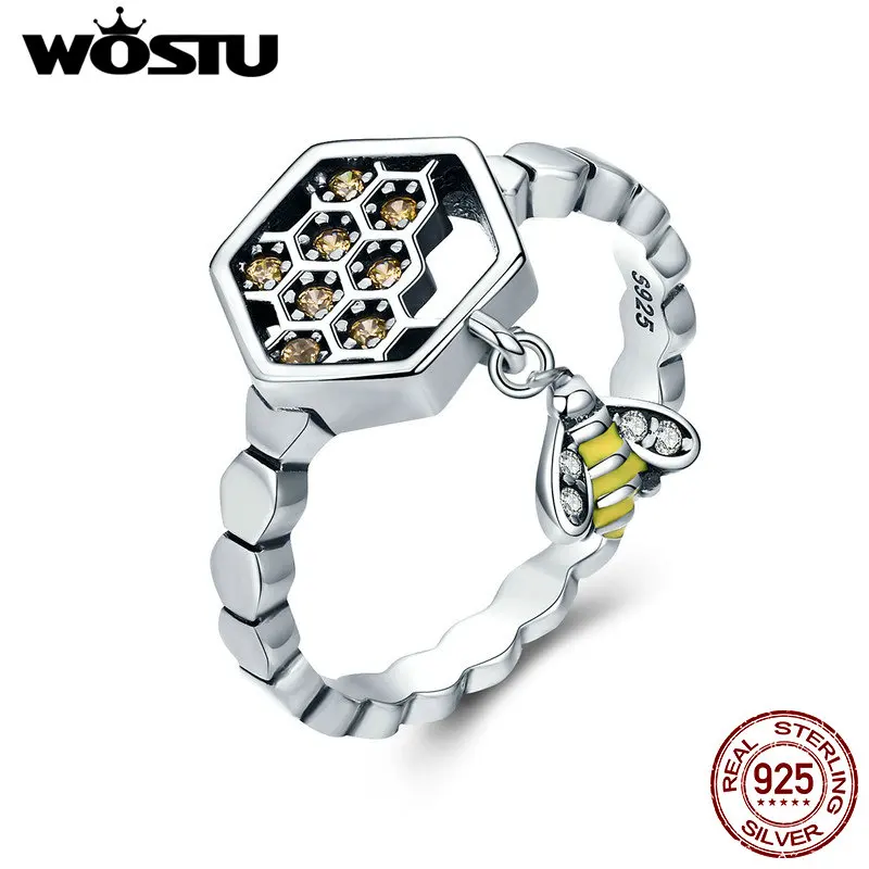 

WOSTU New Fashion 925 Sterling Silver Shine Bee Honeycomb Finger Ring For Women S925 Silver Fine Jewelry Gift FIR329