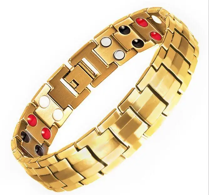 

Gold 4 in 1 Bio Titanium Nagetive Ion Germanium Steel Infrared Magnets Energy Stone Men Health Magnetic Bracelet Therapy Jewelry
