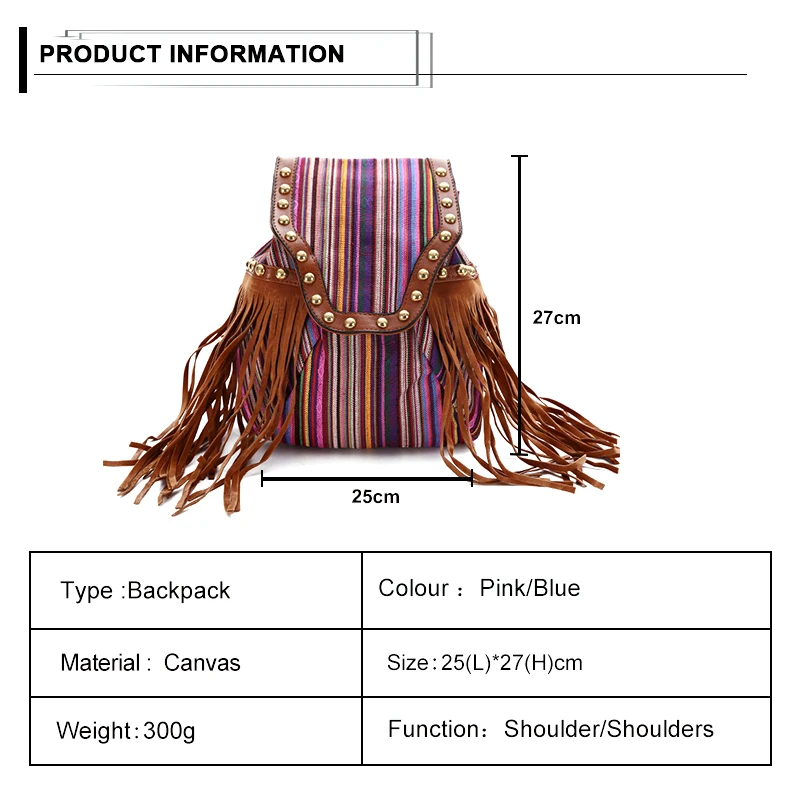 Новая Женская этническая модная Холщовая Сумка, повседневный рюкзак с кисточками, панк заклепки, сумки на плечо, дорожные рюкзаки