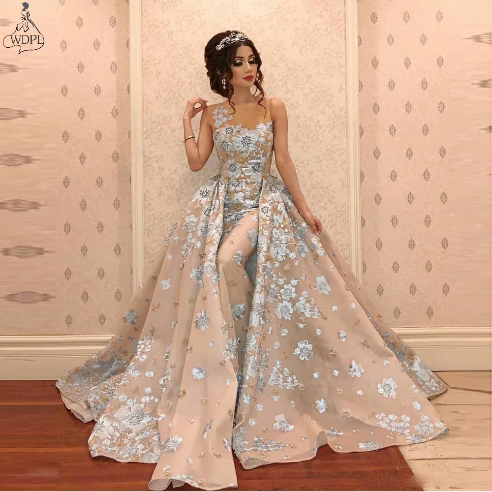 2019 Luxury Mermaid Evening Dresses With Detachable Train Beads Lace Appliqued Prom Gowns Elegant Formal Party Bridesmaid Pageant Dress 229