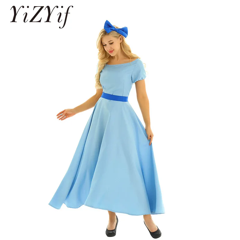 

Women Halloween Cosplay Costume Wendy Dress Boat Neck Short Puff Sleeves Princess Party Fancy Maxi Dress with Headwear and Belt
