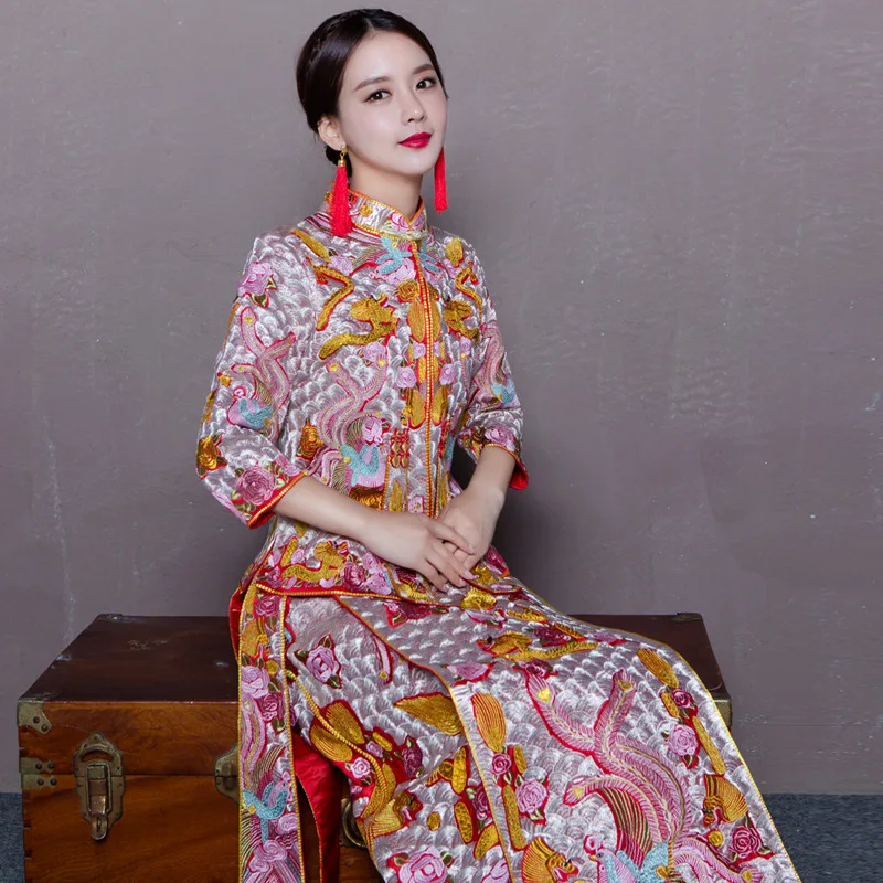 Вышивка Дракон торжественное платье Китайский Стиль костюм Феникс Cheongsam вечернее платье Show Одежда Тонкий Стиль для свадьбы