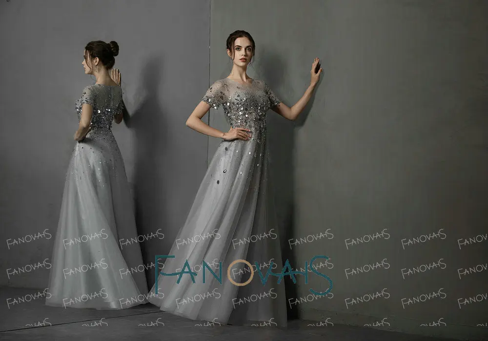 Серый роскошные вечерние платья бисер Кристалл короткие рукава вечерние платья элегантные вечерние платья длинные Vestidos de fiesta