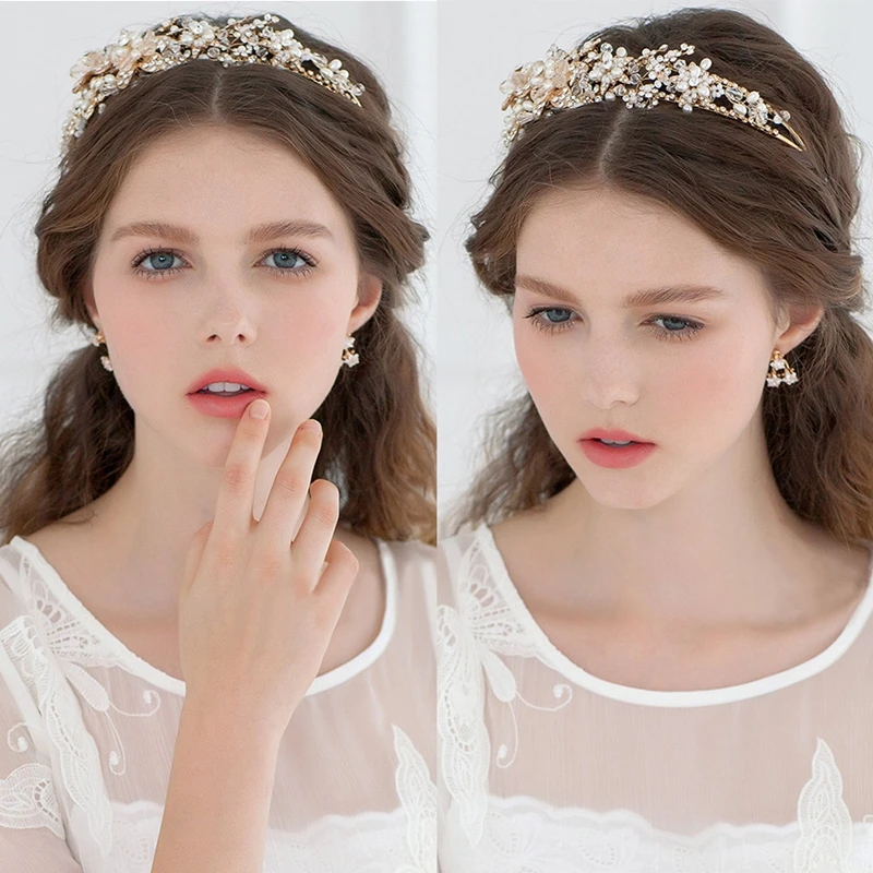 

Handmade Wedding Jewelry Crystal Rhinestone Pearl Flowers Headband for Women's Vintage Rhinestone Bridal Tiara Crown Headpiece
