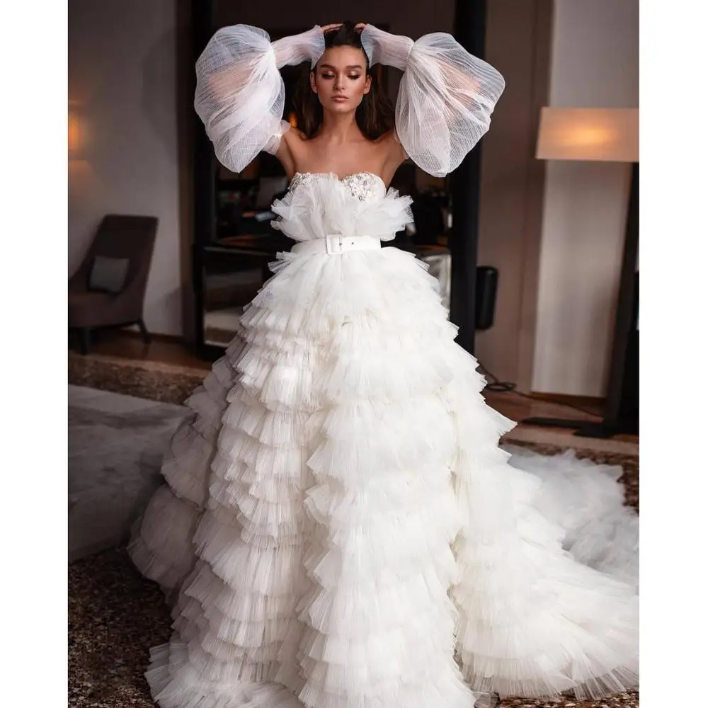 Branco em Camadas Vestidos de Baile Fora do Ombro Formal com Mangas Vestido de Noiva Vestidos de Festa Incrível Tule Vestido Destacáveis Alta Qualidade