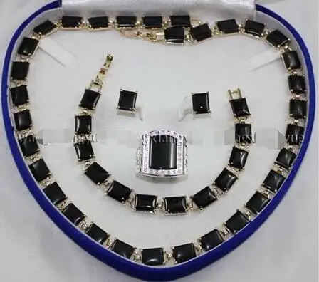 

Hot selling free shipping***** Black Rich Agate Link Bracelet/ Earrings /Ring / Necklace Jewelry Set