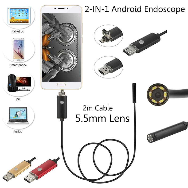 

2M Cable 5.5mm 6 Leds IP67 Waterproof Usb Endoscope Android OTG Snake Tube Pipe 5cm 480P Mini Surveillance Inspection Camera