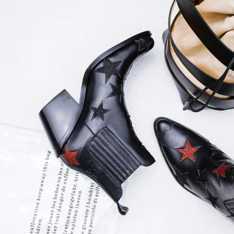 Модные черные кожаные ботильоны; женские ботинки с верхом в виде звезд; цвет красный, черный; женская обувь на шпильке; Zapatos De mujer; женская обувь без шнуровки