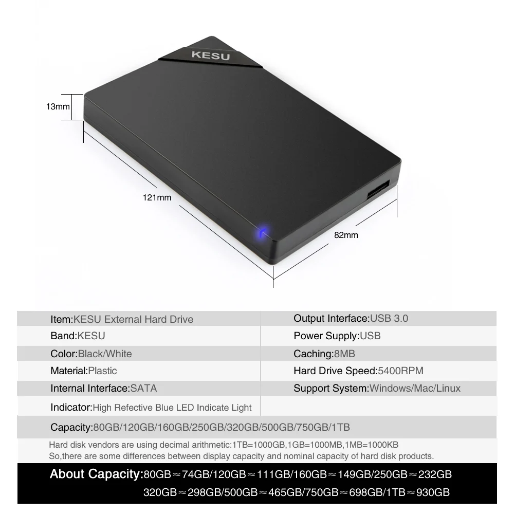 Original KESU 2.5'' External Hard Drive USB3.0 HDD Portable External HD Hard Disk for PC Mac Desktop Laptop Server (Black/White)