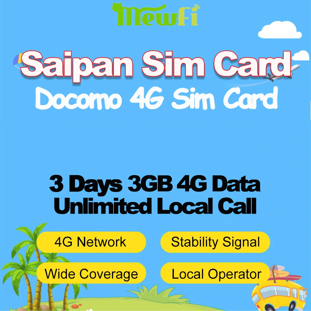 

Mewfi Saipan Guam Travel Sim Card 3 Days 3GB 4G Date+Unlimited local Call Card Docomo 3in1 Mobile Phone Sim Card Local Network