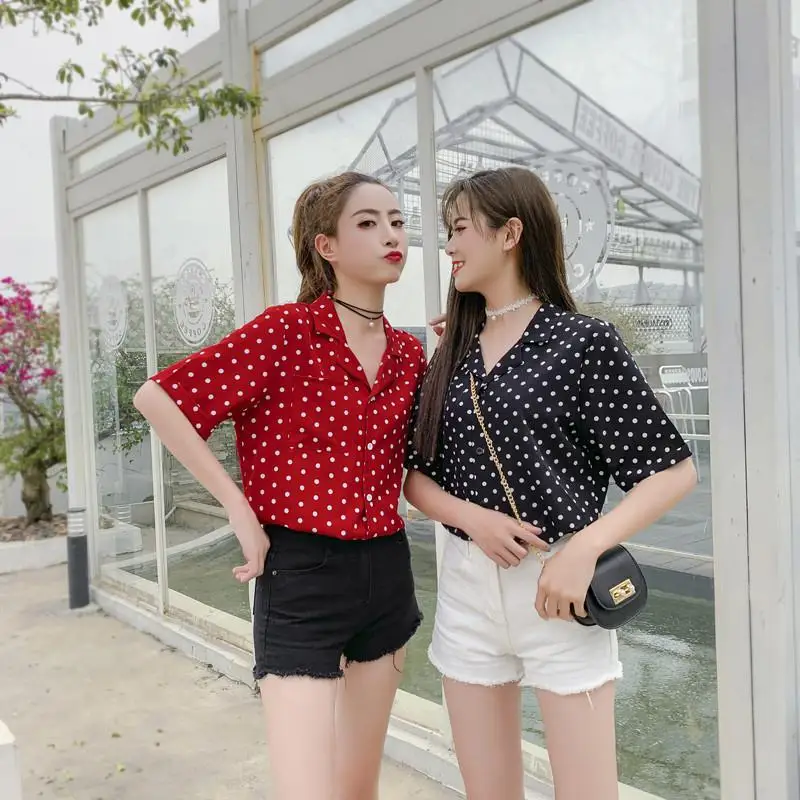 

DSstyles Women Dots Printing Lapel Chiffon Short Sleeve Shirt