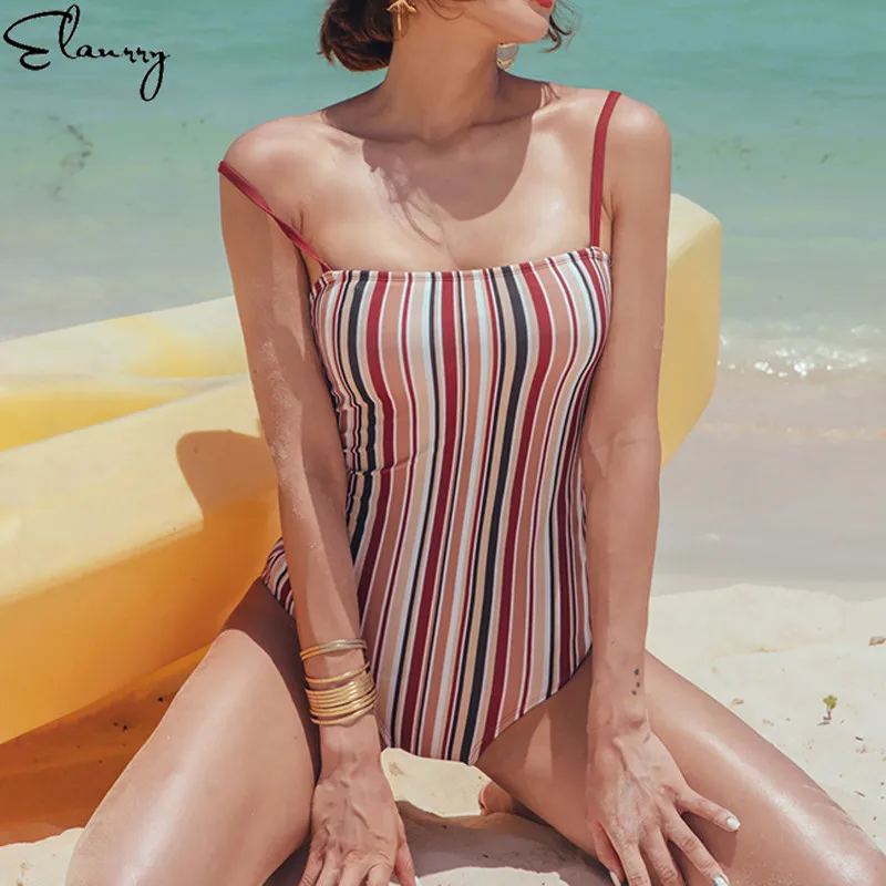 

2019 New One Piece Swimwear For Women Sexy Backless Striped Ladies Swimsuit Vintage Padded Beach Bathing Suit Beachwear