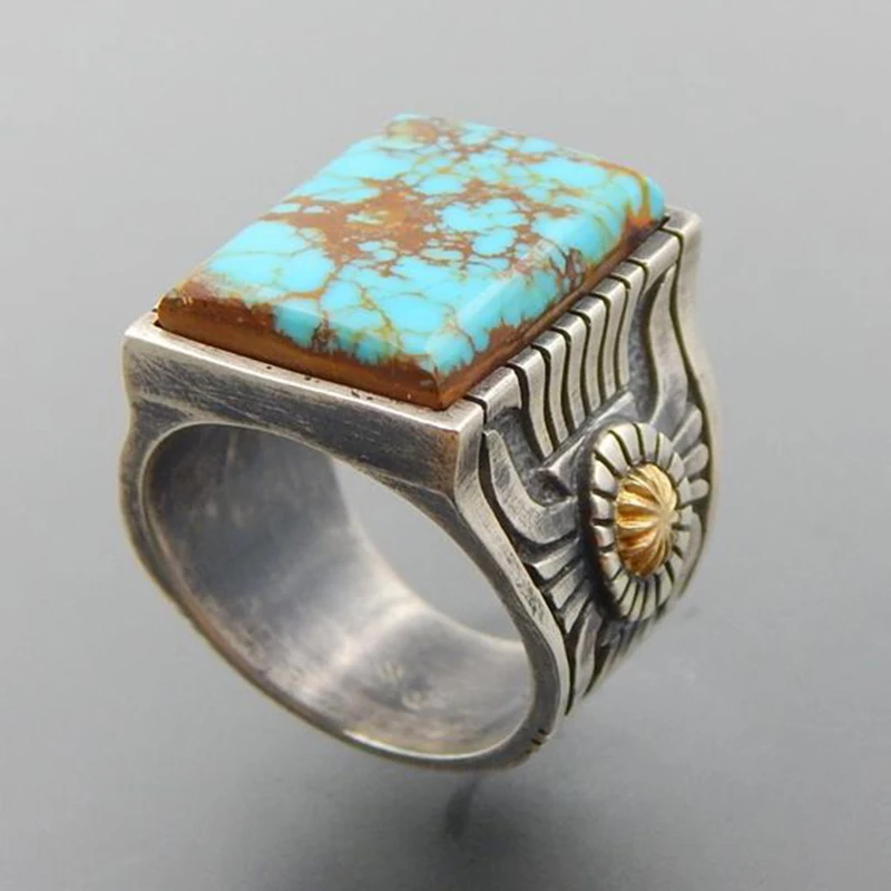 

Bohemian Vintage Large Natural Blue Stone Ring Turkish Cuban Antique Silver Carved Pattern Knuckle Rings Anillo Man Women Z3M031