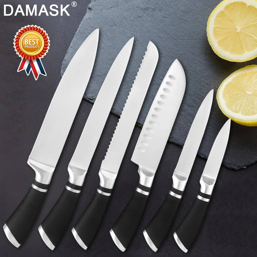 Damask 6PCS Kitchen Knife Set Stainless Steel Blade Chef Knife Sets Santoku Utility Paring Cooking Tools Kitchen Accessories