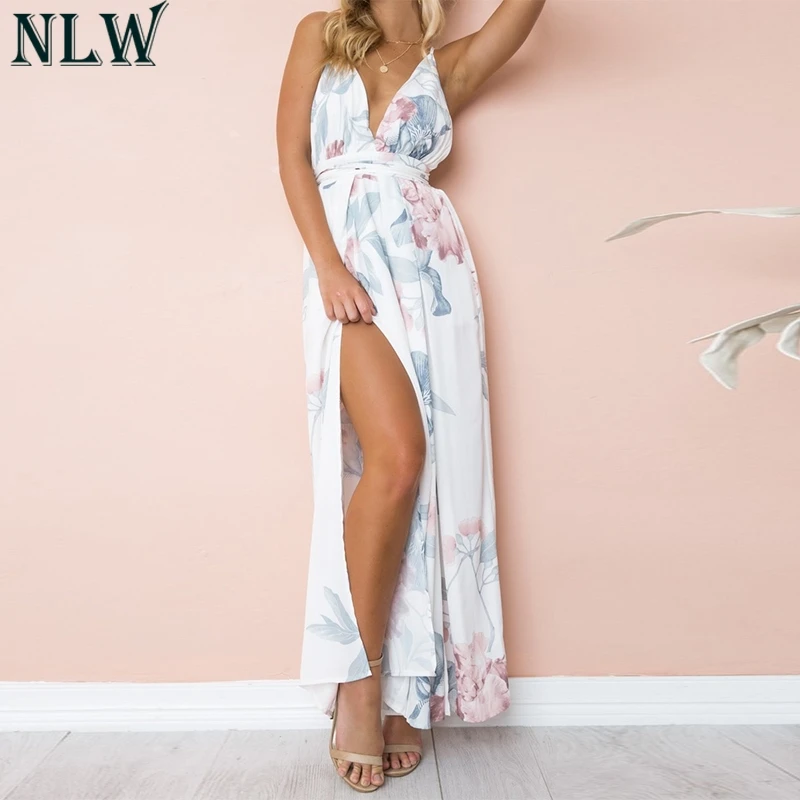 NLW летние пляжные вечерние комбинезон Boho Цветочный принт комбинезоны Playsuit Высокая Разделение свободные Повседневное Комбинезон Праздник