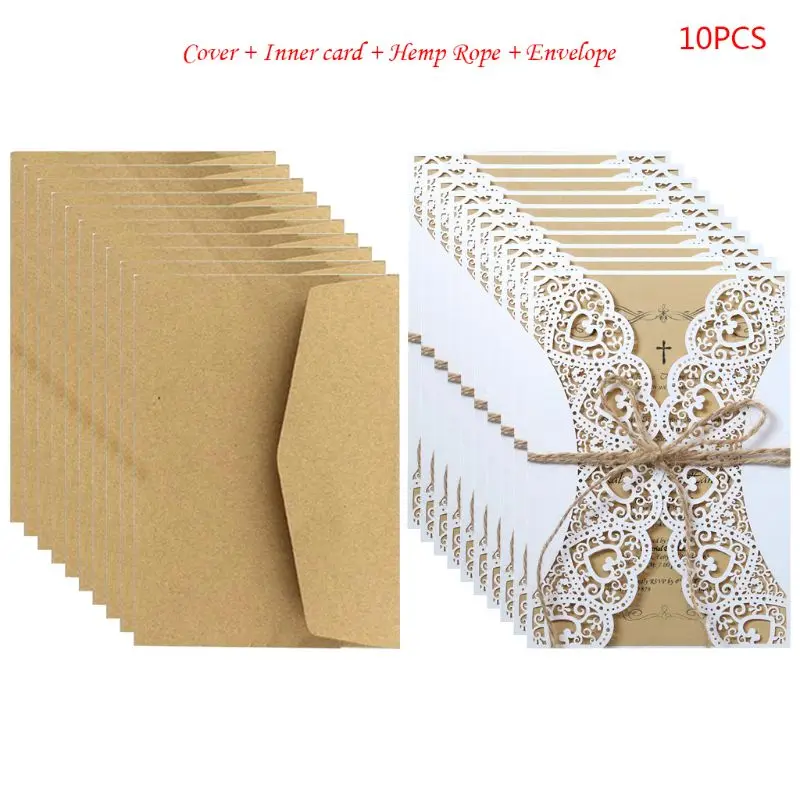  10pcs Rustic Laser Cut Wedding invitations Card Lace Burlap Tie Invite Envelopes Kit For Engagement - 33042508730