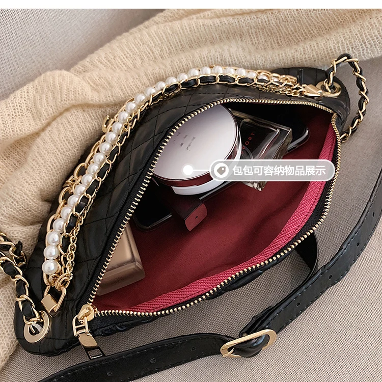 Cool Chain Gold Letters Plaid Leather Fanny Waist Pack Waist Bag Casusl Waterproof Antitheft Leather Muti-function Bag for Women