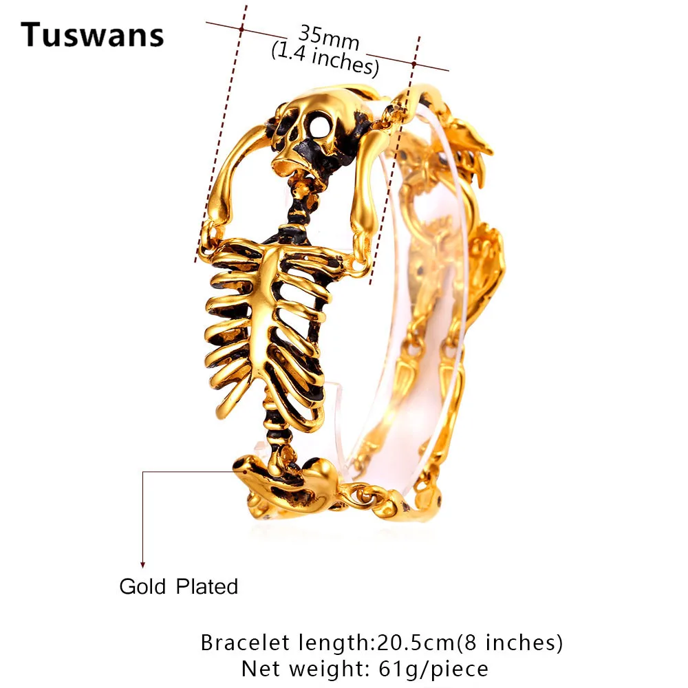 Браслет с черепом, большой скелет, кости, штат, для мужчин, t, панк, ювелирные изделия, золотой цвет, нержавеющая сталь, рождественский подарок, готические браслеты для мужчин