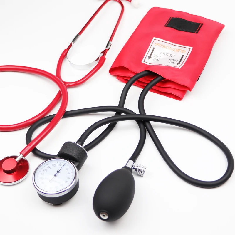 Classic Red Color Blood Pressure Monitor BP Cuff Stethoscope Arm Aneroid Sphygmomanometer with Single Head Cute Stethoscope