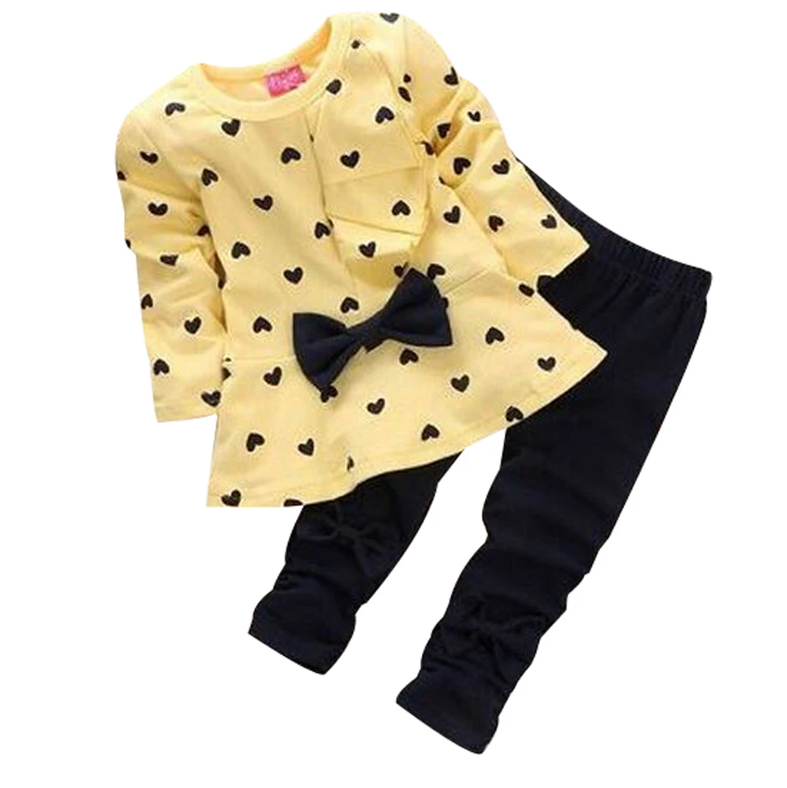 Autumn Baby Girl Clothing Heart-shaped Print Bow Cute 2PCS Cloth Set Children Cloth Suit Top T shirt + Pants TrackSuits XMZ045