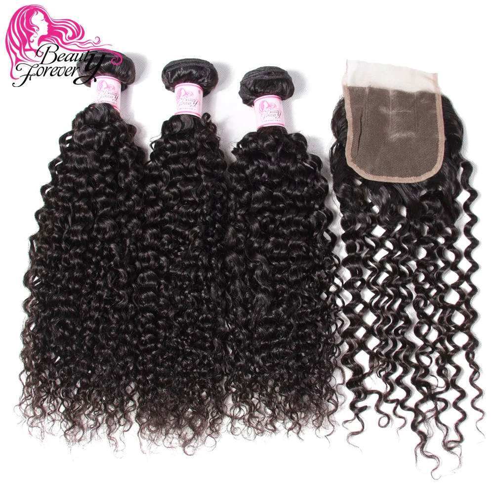 

Beauty Forever Indian Curly Human Hair With Lace Closure Bundle Deals 4PCS/lot 4*4 Free/Middle/Three Part Closure Remy Hair
