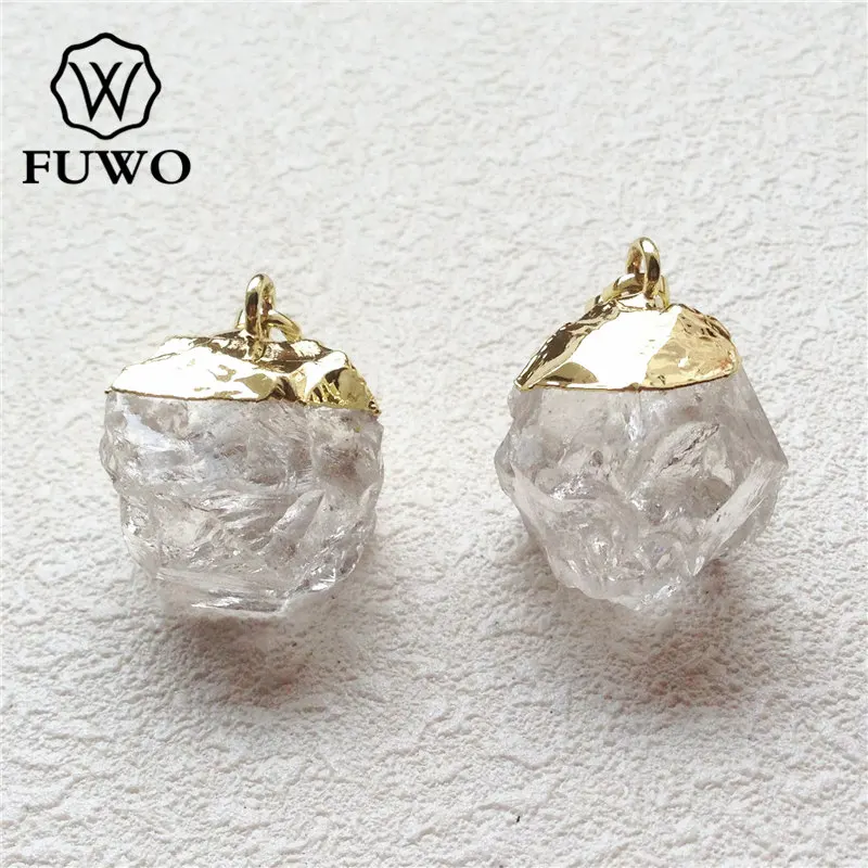 

FUWO Rough Clear Quartz Pendant With 24K Gold Color Plated Cap Fashion Hand Carved Natural Quartz Jewelry Wholesale PD160