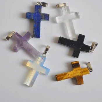

Purple Crystal/Lapis/Tigereye/Blue Sandstone/Clear Crystal/Opal Stone Pendant Cross Fashion Jewelry 1PCS S3067-S3072