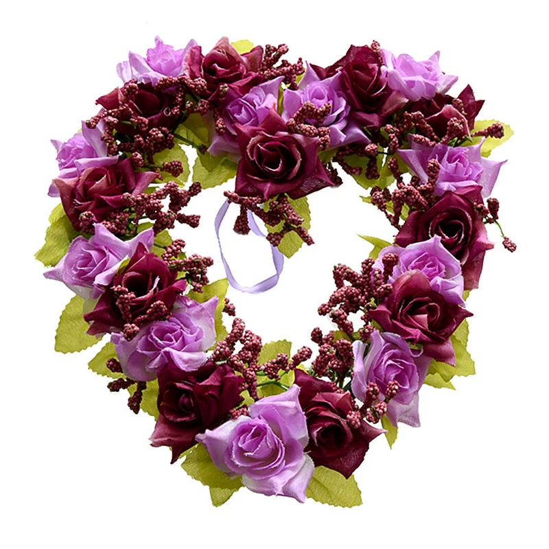 Горячая в форме сердца венок из искусственных цветов украшения двери висячие венки с шелковой лентой для украшения свадьбы 22x21x3 - Цвет: Purple