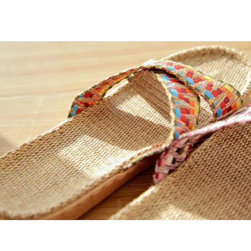 Женские летние домашние льняные тапочки в полоску удобная льняная обувь для дома