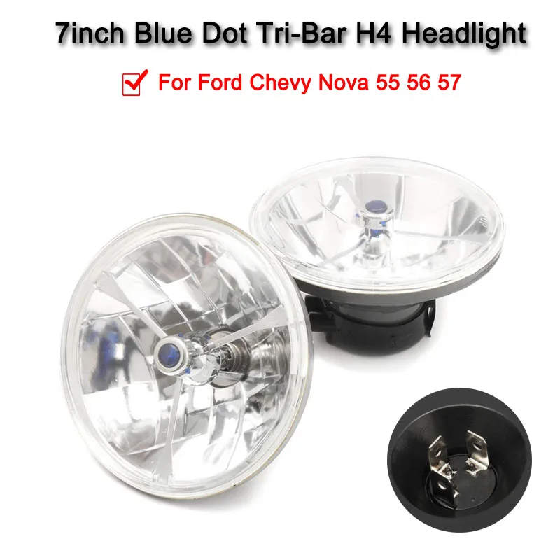 

1pair 7'' Blue Dot Tri-Bar H4 Headlight Clear Lens for Ford Chevy Nova 55 56 57 Auto Car Headlight Lamps Auto Accessories
