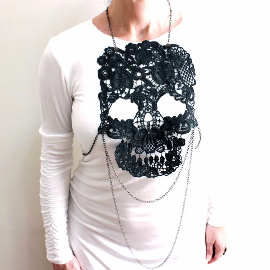 1727 Hand Dyed Lace Necklace, Bone Skull body chain, Steampunk Body Harness Bib, Halloween Tops Skull Costume Bib, Costume accessory, Hand dyed3