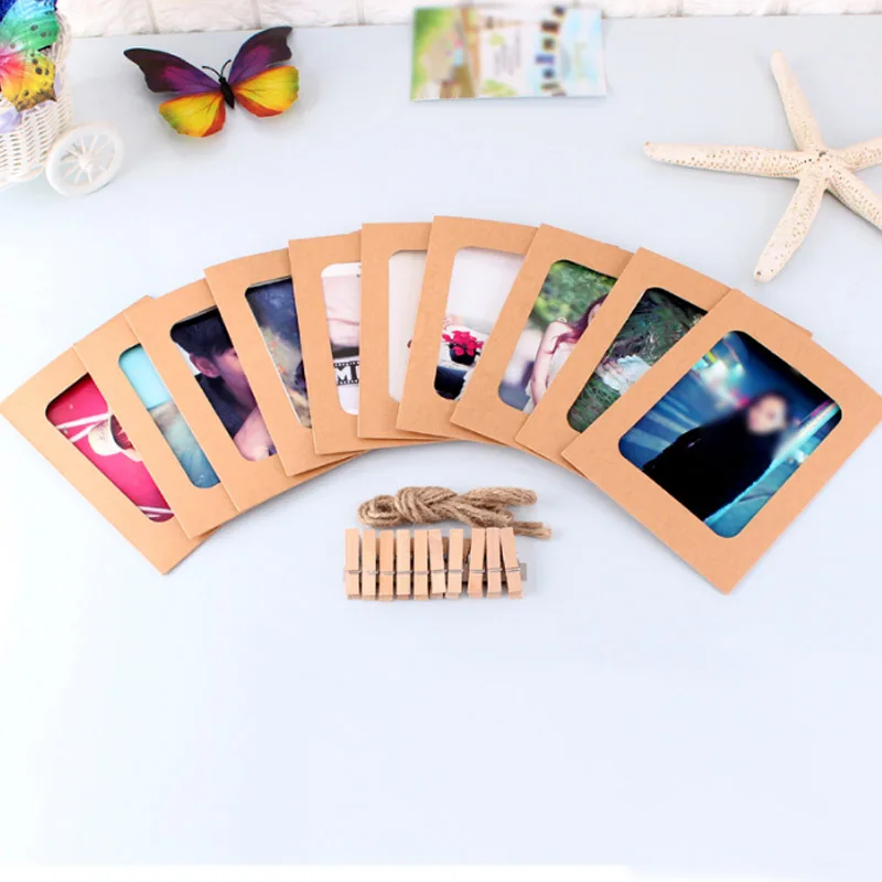 

Photo Wall 3 and 6 inch With Rope and Clips Family Decoration Hanging Paper Frame Rectangle Kraft Multicolour Paper 10Pcs